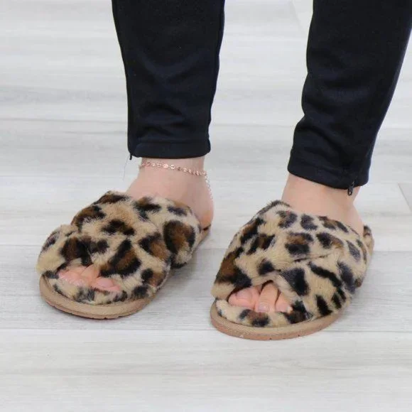 Leopard  Fuzzy Furry Criss Cross Sandal Sliders - Picture 12 of 14
